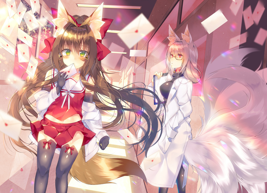 animal_ears bell bell_choker black_legwear bow brown_hair choker detached_sleeves elbow_gloves envelope fox_ears fox_tail glasses gloves green_eyes hair_bow highres indoors japanese_clothes labcoat long_hair looking_at_another looking_at_viewer miko monaka_natsume multiple_girls multiple_tails off_shoulder original ponytail red_eyes silver_hair tail thighhighs walking