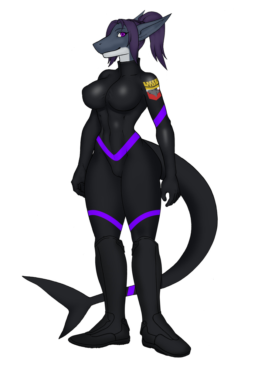 2017 anthro autumm_airwave big_breasts bodysuit breasts butt camel_toe catsuit_(disambiguation) clothed clothing digital_media_(artwork) female fierywitherrose fin fish footwear hair hi_res marine nova_whitesail shark simple_background skinsuit smile solo thick_thighs tight_clothing