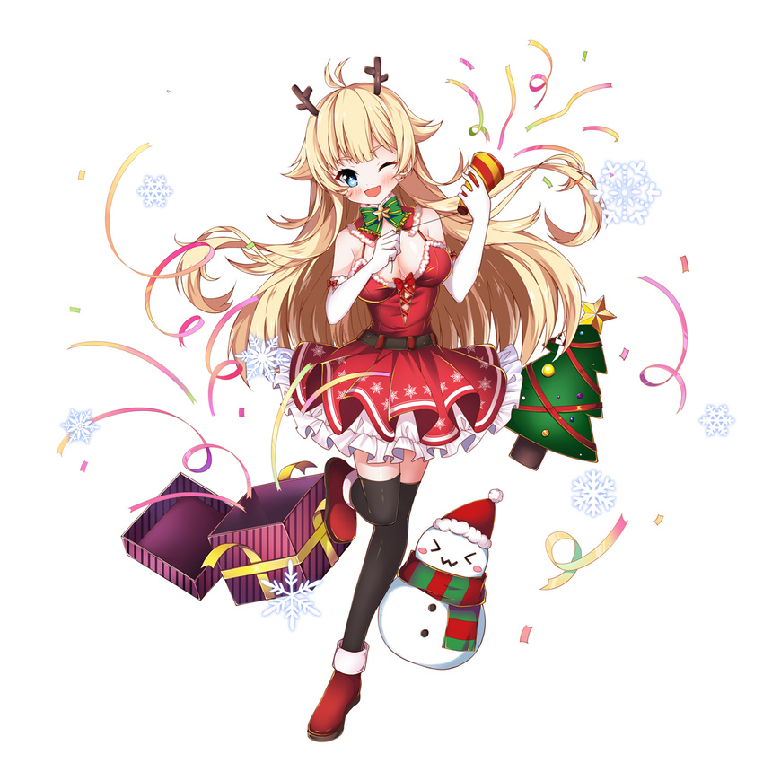 &gt;_&lt; :3 ;d antlers bangs bare_shoulders black_legwear blonde_hair blush blush_stickers boots box breasts christmas christmas_ornaments christmas_tree commentary_request dress elbow_gloves eyebrows_visible_through_hair frilled_dress frills fur-trimmed_dress fur-trimmed_gloves fur_trim gift gift_box gloves head_tilt highres holding kkkkkey large_breasts long_hair looking_at_viewer one_eye_closed open_mouth original party_popper red_dress red_footwear red_ribbon reindeer_antlers ribbon scarf simple_background sleeveless sleeveless_dress smile snowflakes snowman solo standing standing_on_one_leg star striped thighhighs vertical-striped_scarf vertical_stripes very_long_hair white_background white_gloves