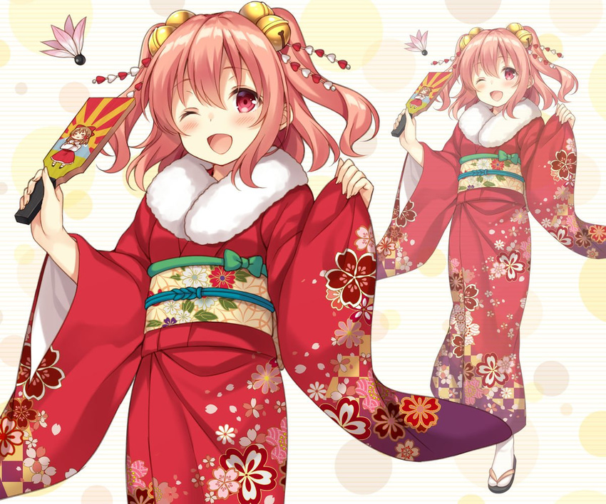 bell blush commentary_request floral_print hagoita hair_bell hair_ornament japanese_clothes jingle_bell kimono long_sleeves looking_at_viewer motoori_kosuzu nagisa3710 obi one_eye_closed open_mouth paddle pink_eyes pink_hair sandals sash smile solo standing tabi touhou white_legwear wide_sleeves yukata zoom_layer