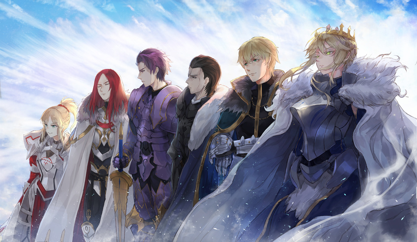 4boys agravain_(fate/grand_order) armor armored_dress arondight artoria_pendragon_(all) artoria_pendragon_(lancer) backlighting bad_id bad_pixiv_id bangs black_armor black_eyes black_hair black_shirt blonde_hair blue_cloak blue_dress blue_sky braid breastplate clarent closed_eyes closed_mouth cloud commentary cross crown day dress excalibur_galatine expressionless eyebrows_visible_through_hair fate/grand_order fate_(series) faulds floating_hair french_braid fur-trimmed_cloak fur_trim gauntlets gawain_(fate/extra) gawain_(fate/grand_order) gold_trim greaves green_eyes grin hair_between_eyes hair_ornament hair_scrunchie hair_slicked_back high_collar highres holding holding_sword holding_weapon kachi knights_of_the_round_table_(fate) lancelot_(fate/grand_order) light_particles long_hair long_sleeves looking_away mordred_(fate) mordred_(fate)_(all) multiple_boys multiple_girls pauldrons ponytail purple_armor purple_eyes purple_hair red_hair red_scrunchie scrunchie serious shirt sidelocks sky smile standing sword tristan_(fate/grand_order) vambraces weapon white_cloak wind