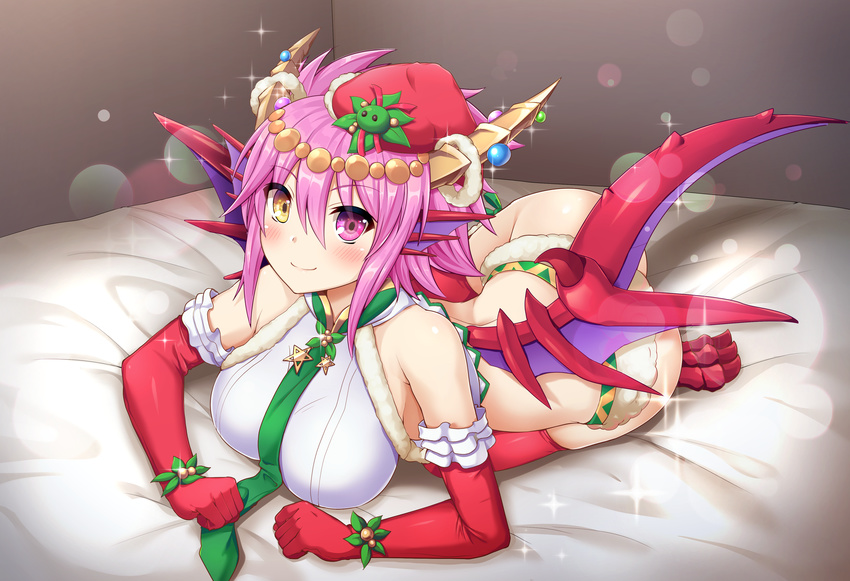 absurdres ass bangs bare_shoulders blush breasts christmas closed_mouth commentary_request crop_top dragon_girl dragon_horns dragon_tail dragon_wings elbow_gloves eyebrows_visible_through_hair full_body fur_trim glint gloves green_neckwear hair_between_eyes halterneck hat heterochromia highres horns large_breasts looking_at_viewer lying necktie on_bed pink_eyes pink_hair puzzle_&amp;_dragons red_gloves red_legwear samoore santa_hat shadow shiny shiny_hair short_hair short_shorts shorts sidelocks smile solo sonia_(p&amp;d) sparkle spiked_hair star tail thighhighs wings yellow_eyes
