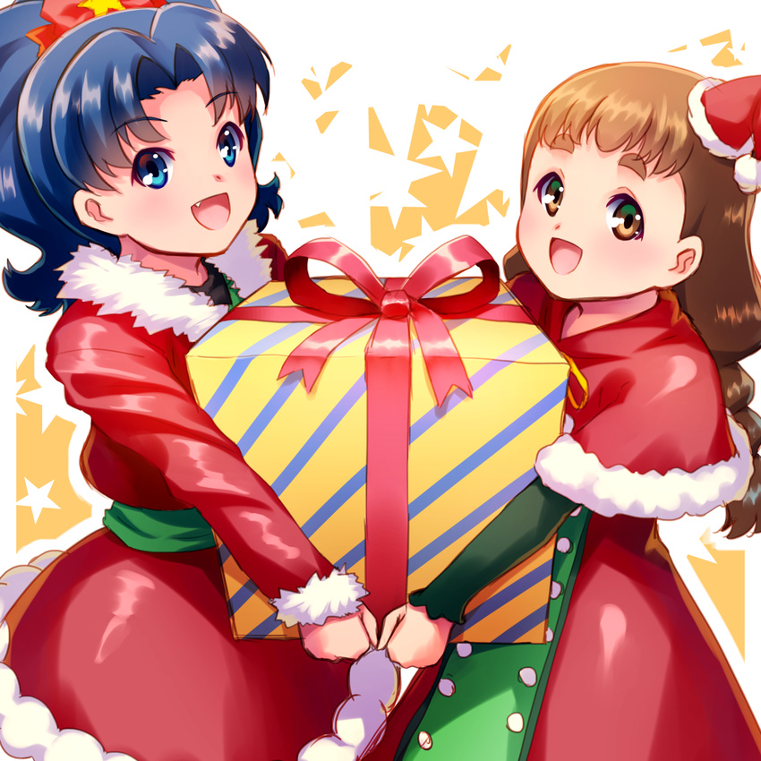 :d arisugawa_himari blue_eyes blue_hair bow box brown_eyes brown_hair capelet carrying christmas commentary_request eyebrows fang gift gift_box hair_bow hat highres kirakira_precure_a_la_mode long_hair looking_at_viewer mini_hat mini_santa_hat multiple_girls open_mouth precure red_bow red_hat santa_costume santa_hat sayousuke short_hair smile tategami_aoi thick_eyebrows tilted_headwear