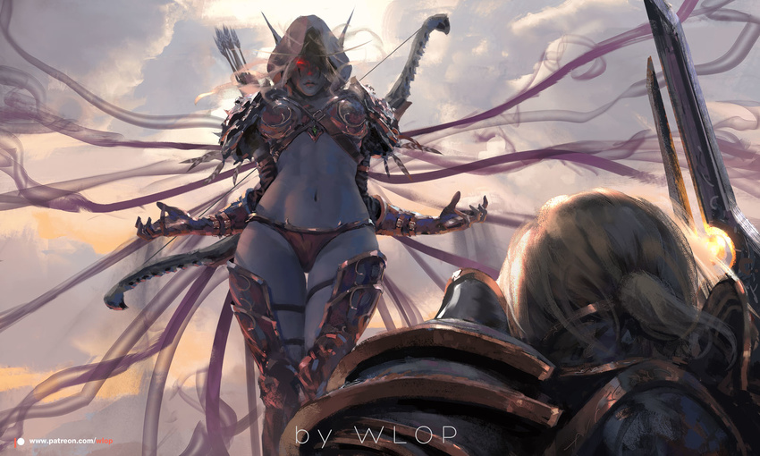 1girl anduin_wrynn armor arrow artist_name bikini_armor black_panties blonde_hair blue_skin bow_(weapon) breasts breasts_apart closed_mouth cloud cloudy_sky commentary dark_elf elf floating gauntlets glowing glowing_eyes greaves highres holding holding_sword holding_weapon hood hood_up large_breasts looking_down navel outdoors panties patreon_logo patreon_username pauldrons pink_lips plate_armor pointy_ears ponytail quiver red_eyes sky sword sylvanas_windrunner thigh_gap underwear warcraft weapon wlop world_of_warcraft