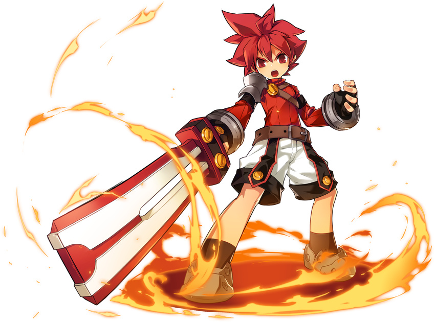 :o absurdres belt black_gloves elsword elsword_(character) fingerless_gloves fire full_body gloves highres holding holding_sword holding_weapon knight_(elsword) looking_at_viewer male_focus official_art open_mouth red_eyes red_hair red_shirt ress serious shirt shoes shorts single_pauldron solo spiked_hair standing sword transparent_background weapon white_shorts