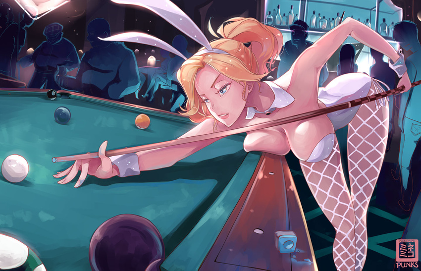 3girls 6+boys aiming animal_ears bar bent_over billiards blonde_hair blue_eyes bottle bow bowtie breast_press breasts bunny_ears bunny_girl bunnysuit cleavage crowd cue_ball cue_stick detached_collar drawstring faceless faceless_male fake_animal_ears fishnet_pantyhose fishnets hairband impossible_clothes indoors large_breasts leotard lips long_hair mercy_(overwatch) multiple_boys multiple_girls nekomimipunks overwatch pantyhose parted_lips ponytail pool_table solo_focus strapless strapless_leotard white_leotard wrist_cuffs