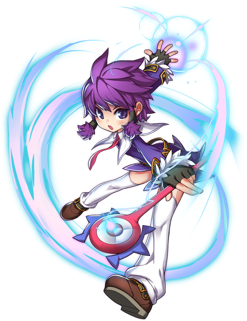 :o absurdres aisha_(elsword) belt brown_footwear dress elsword fingerless_gloves full_body gloves hair_tubes highres holding holding_wand looking_at_viewer magic magician_(elsword) necktie official_art open_mouth purple_dress purple_eyes purple_hair red_neckwear ress shoes short_hair solo thighhighs transparent_background wand white_legwear zettai_ryouiki