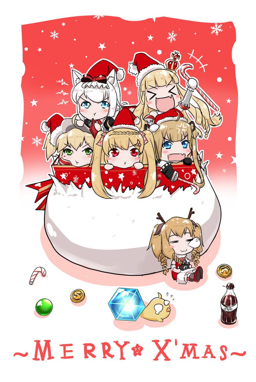 &gt;_&lt; :d :t =_= admiral_hipper_(azur_lane) amazon_(azur_lane) animal_ears antlers arm_up azur_lane bangs black_gloves blonde_hair blue_eyes blunt_bangs box braid camera candy candy_cane cat_ears chibi christmas closed_eyes closed_mouth coin commentary_request crescent crescent_(azur_lane) crescent_hair_ornament crown dress eyebrows_visible_through_hair fang flying_sweatdrops food fur-trimmed_dress fur-trimmed_hat gift gift_box glass_bottle gloves green_eyes gridley_(azur_lane) hair_ornament hair_ribbon hammann_(azur_lane) hat highres holding holding_camera holding_candy_cane in_box in_container long_hair looking_at_viewer merry_christmas mini_crown multiple_girls open_mouth p_ion pink_ribbon pout puffy_short_sleeves puffy_sleeves queen_elizabeth_(azur_lane) red_dress red_eyes red_hat reindeer_antlers reindeer_ears ribbon ringlets santa_costume santa_hat short_sleeves silver_hair sitting smile snowflakes star star_hair_ornament twintails v-shaped_eyebrows very_long_hair xd
