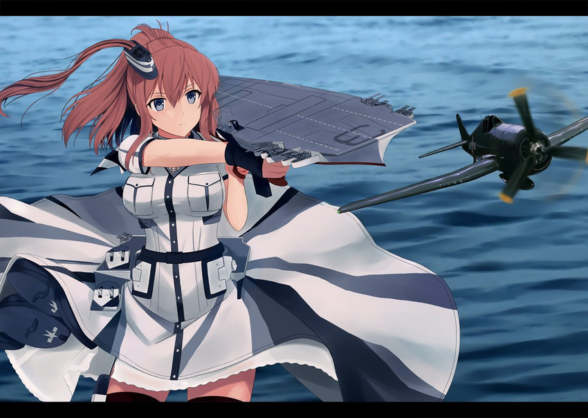belt black_gloves blouse blue_eyes breast_pocket breasts brown_hair dress f6f_hellcat fingerless_gloves flight_deck fuyube_gin_(huyube) gloves half_gloves kantai_collection large_breasts long_hair ocean official_style pocket red_legwear remodel_(kantai_collection) saratoga_(kantai_collection) shizuma_yoshinori_(style) short_sleeves side_ponytail single_glove smokestack_hair_ornament solo standing standing_on_liquid thighhighs turret two-tone_dress white_blouse white_dress