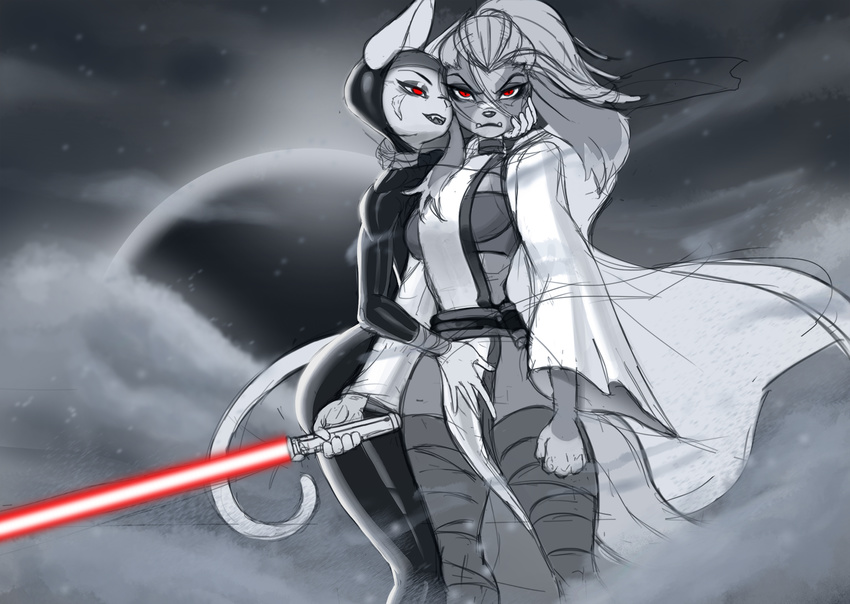 2017 anthro bodysuit breasts canine cat chowsie clothed clothing commentary corruption dclzexon dog feline female female/female lightsaber looking_at_viewer lucy_(dclzexon) mammal red_eyes sith sith_lord skinsuit star_wars tight_clothing weapon
