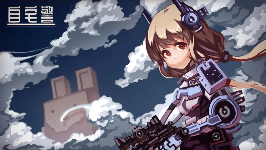 armor blonde_hair blue_pupils blue_sky bright_pupils closed_mouth commentary_request creature facial_mark from_side frown futaba_anzu gun headgear highres holding holding_gun holding_weapon idolmaster idolmaster_cinderella_girls long_hair looking_at_viewer looking_to_the_side low_twintails red_eyes science_fiction scope sky smoke sniper_scope solo twintails waterkuma weapon