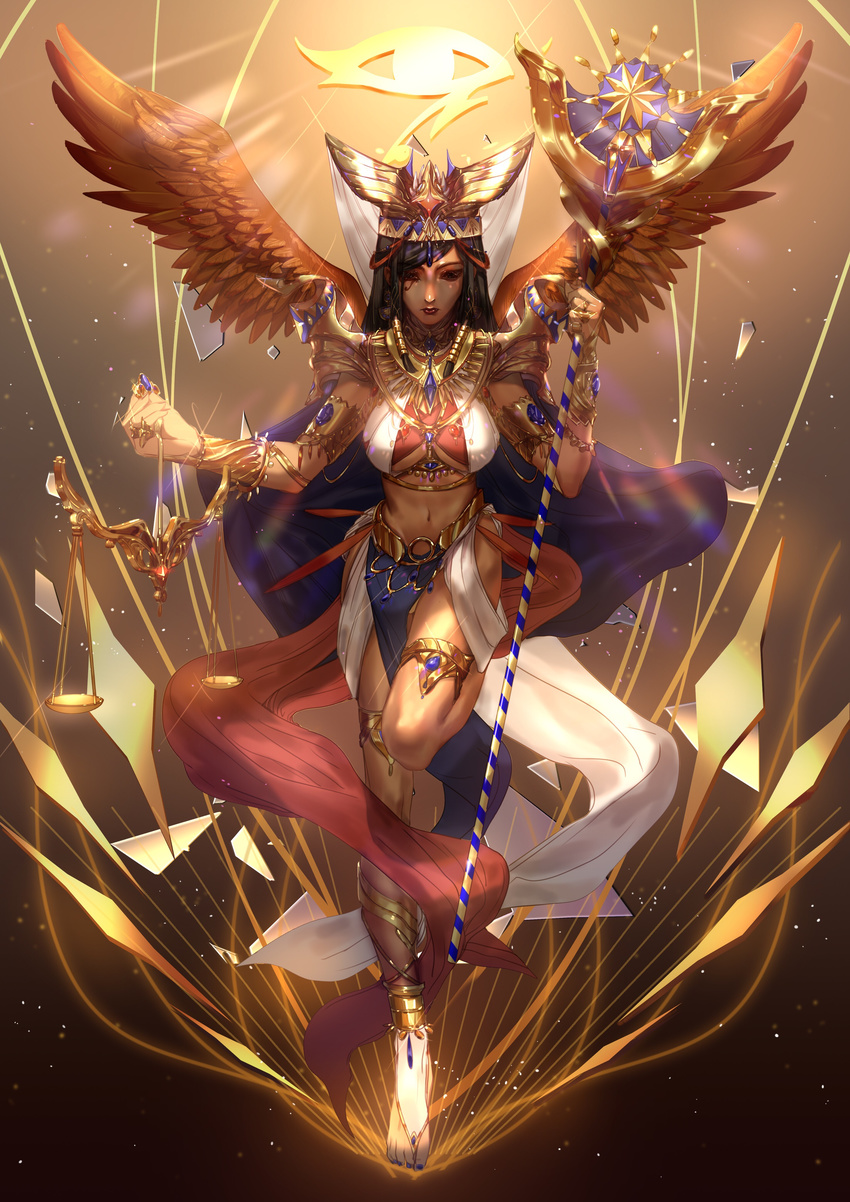 absurdres armlet bracer breasts brown_background brown_eyes brown_hair brown_wings cape commentary_request crown dark_skin dress egyptian_clothes eye_of_horus eyeliner facial_mark facial_tattoo feathered_wings full_body gem gradient gradient_background hair_tubes highres holding holding_staff jewelry leg_up lips lipstick looking_at_viewer makeup medium_breasts medium_hair midriff mozer_(zerlinda) navel nose overwatch pelvic_curtain pharah_(overwatch) ring sandals scales sleeveless sleeveless_dress solo staff standing tattoo toenail_polish underboob white_dress wings