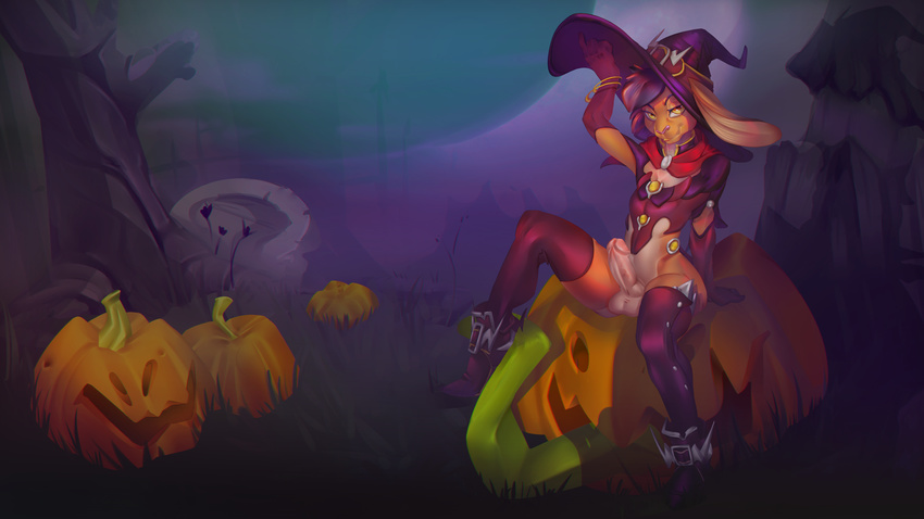 aroused bottomless brun69 clothed clothing cosplay crossdressing desktop_wallpaper digital_media_(artwork) epsilon food fruit girly halloween holidays lagomorph looking_at_viewer magic_user male mammal overwatch penis pumpkin rabbit spooky video_games wallpaper witch