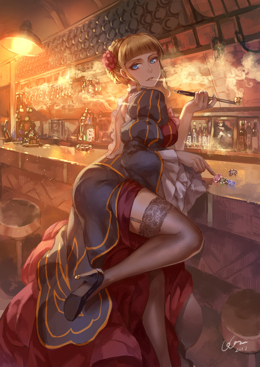 2017 bar_stool beatrice blonde_hair blue_eyes dated frilled_sleeves frills garter_straps high_heels highres holding holding_pipe kiseru lace lace-trimmed_thighhighs looking_at_viewer madcocoon pipe poker_chip smoking solo stool thighhighs thighs umineko_no_naku_koro_ni wide_sleeves