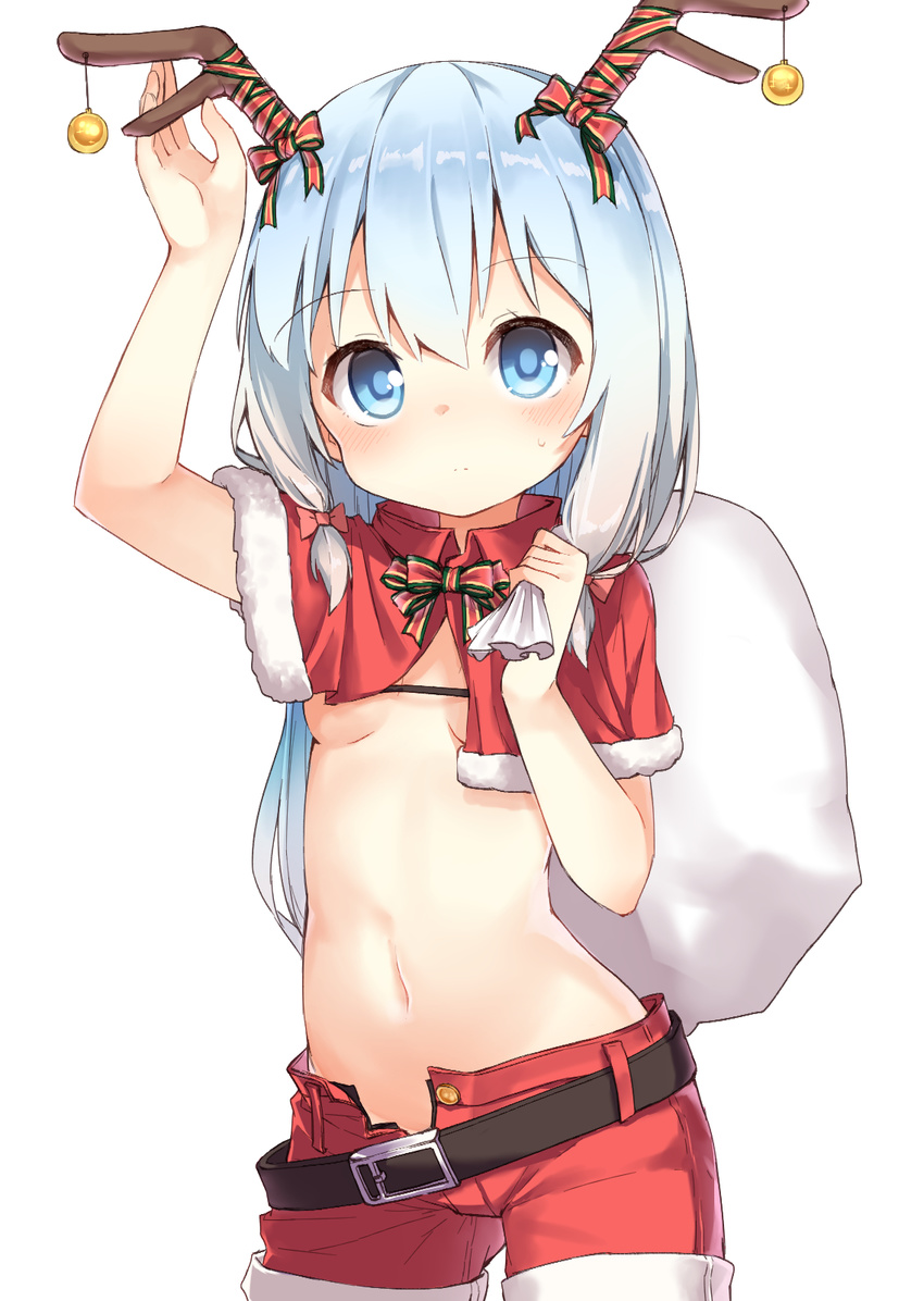 antlers arm_up bangs belt belt_buckle black_belt blue_eyes blue_hair blush bow breasts buckle capelet christmas_ornaments closed_mouth commentary cowboy_shot darnell eromanga_sensei eyebrows_visible_through_hair fur-trimmed_capelet fur_trim hair_between_eyes hair_bow highres holding holding_sack izumi_sagiri looking_up navel open_fly pink_bow red_capelet red_shorts reindeer_antlers sack short_shorts shorts simple_background small_breasts solo sweat underboob white_background