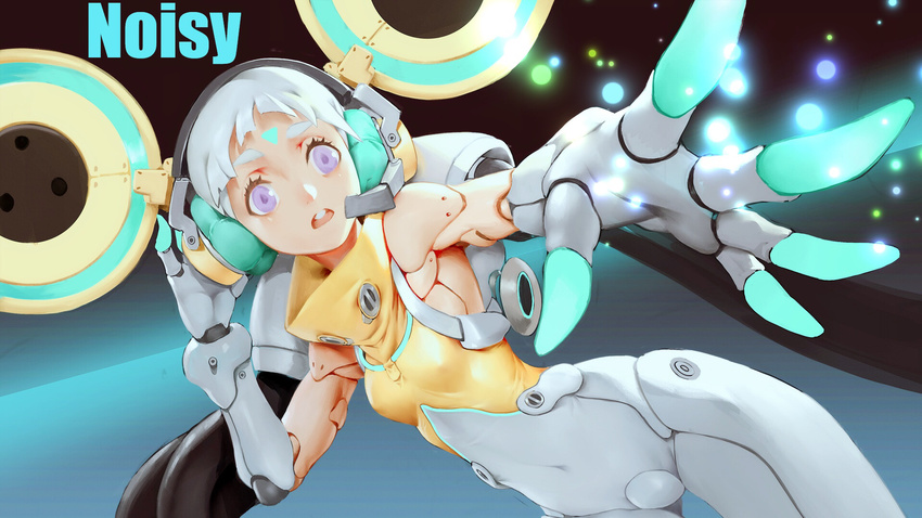 android commentary covered_navel crotch_plate headphones highres lavender_eyes looking_at_viewer md5_mismatch open_mouth original outstretched_arm short_hair solo white_hair yamacannon
