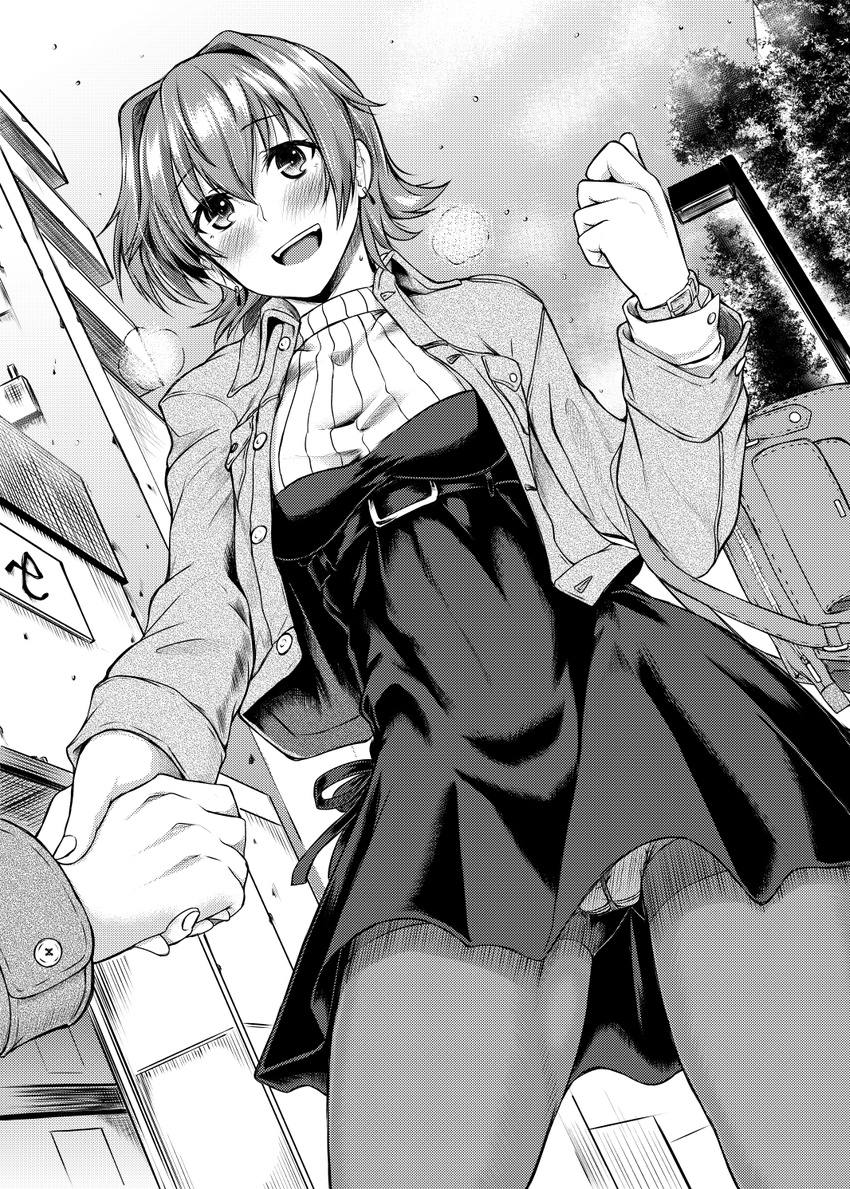 1girl :d alternate_costume bag blush breasts breath construction crotch_seam dress earrings greyscale halftone highres holding_hands jacket jewelry kantai_collection kawajuu kinu_(kantai_collection) lamppost long_sleeves monochrome open_mouth out_of_frame panties panties_under_pantyhose pantyhose pantyshot pantyshot_(standing) road short_hair small_breasts smile standing street thighband_pantyhose tree underwear watch