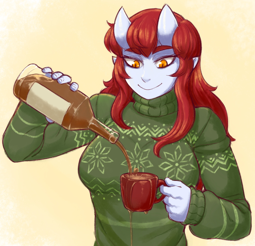 aoi_(ittla) blue_skin bottle christmas christmas_sweater commentary cup eyebrows_visible_through_hair green_sweater horns ittla long_hair looking_down oni_horns orange_eyes original pointy_ears pouring red_hair sketch slit_pupils smile solo spilling sweater thick_eyebrows turtleneck turtleneck_sweater upper_body