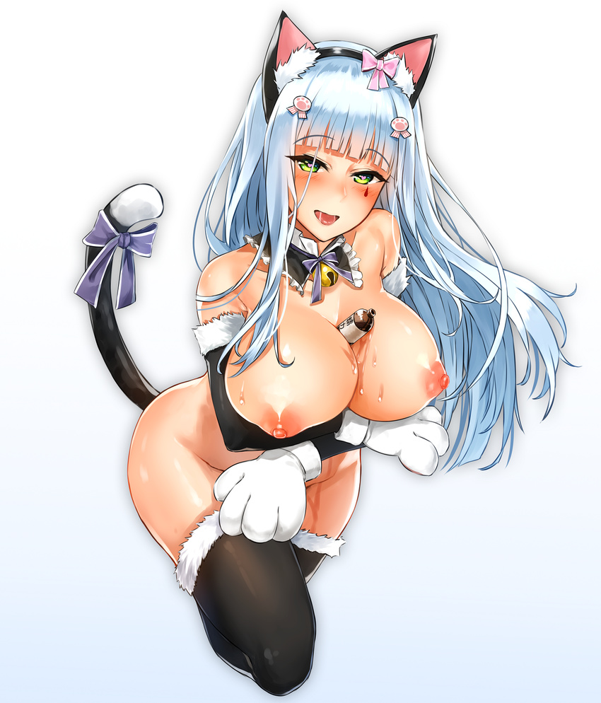 alternate_costume animal_ears areolae arm_across_waist armpit_crease bangs bell bell_choker between_breasts bishi_(bishi) black_hairband black_legwear blunt_bangs blush bow breast_hold breasts cat_ears cat_paws cat_tail choker collarbone covered_nipples elbow_gloves eyebrows_visible_through_hair eyes_visible_through_hair fake_animal_ears fake_tail frilled_choker frills fur-trimmed_gloves fur-trimmed_legwear fur_trim girls_frontline gloves gradient gradient_background green_eyes hair_ornament hairband hairclip half-closed_eyes head_tilt highres hk416_(girls_frontline) large_breasts liquid long_hair looking_at_viewer lotion lotion_bottle makeup nipples nude open_mouth paw_gloves paw_print_pattern paws pink_bow pink_ribbon purple_bow purple_ribbon ribbon saliva sidelocks silver_hair simple_background smile solo tail teardrop thighhighs thighs underwear white_hair