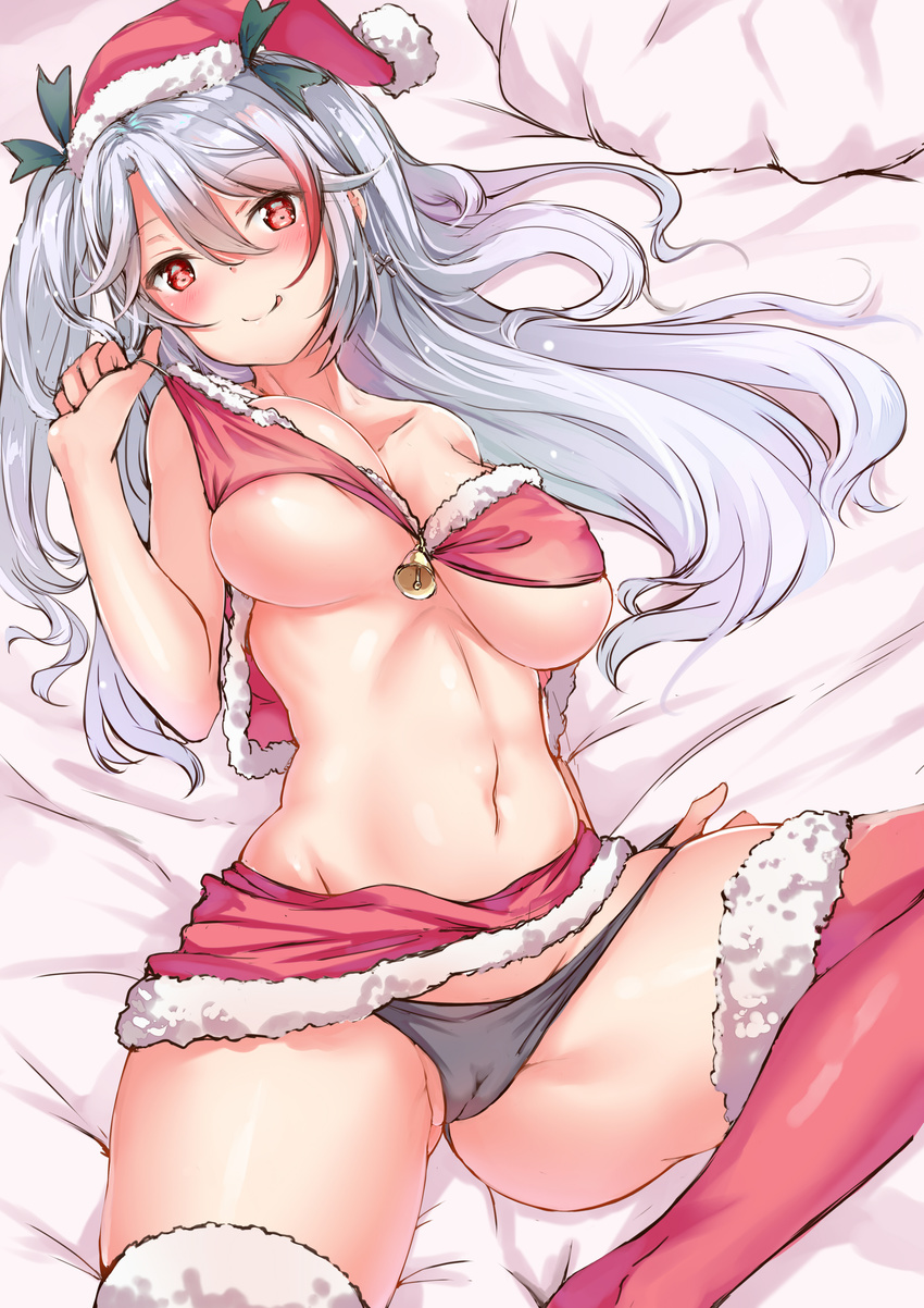 :q absurdres areolae azur_lane bad_id bad_pixiv_id bed_sheet bell black_panties blush breasts christmas cross cross_earrings earrings hat highres jewelry large_breasts long_hair looking_at_viewer lying navel on_back panties pillow prinz_eugen_(azur_lane) red_eyes red_hat red_legwear santa_hat silver_hair sketch solo thighhighs tongue tongue_out underwear yukishiro_arute