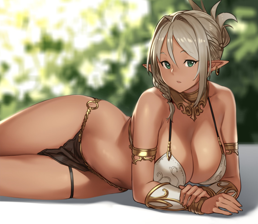 armlet bare_shoulders bikini_top blurry blurry_background bracer breasts cleavage dark_skin earrings folded_ponytail green_eyes grey_hair houtengeki jewelry large_breasts loincloth looking_at_viewer lying navel o-ring on_side original parted_lips pelvic_curtain pointy_ears solo thigh_strap white_bikini_top wide_hips