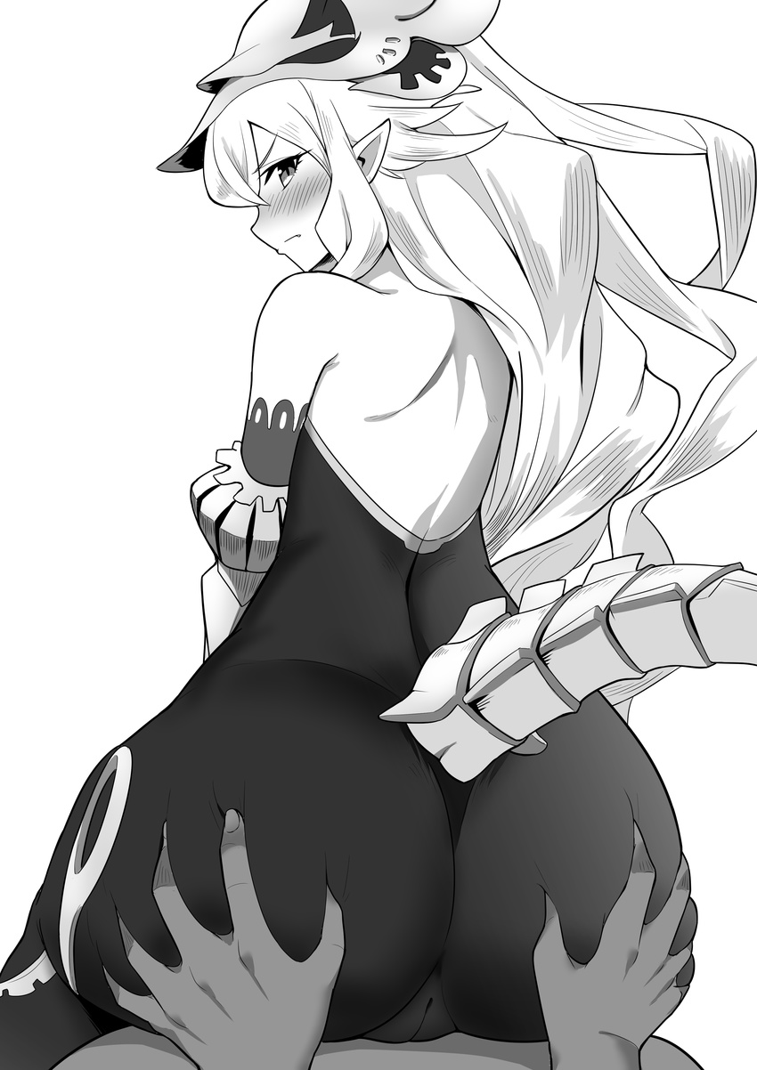 absurdres ass ass_grab bare_shoulders blush cameltoe closed_mouth deep_skin fang_out from_behind granblue_fantasy greyscale hair_between_eyes highres lo_xueming long_hair looking_back medusa_(shingeki_no_bahamut) monochrome nose_blush pointy_ears profile shingeki_no_bahamut sitting solo_focus tail v-shaped_eyebrows very_long_hair white_background