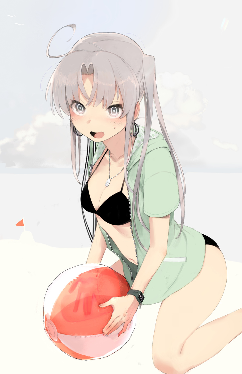:d ahoge akitsushima_(kantai_collection) ass bad_id bad_pixiv_id ball beachball bikini black_bikini breasts cleavage commentary earrings hageshii_nakano highres jacket jewelry kantai_collection long_hair medium_breasts navel open_mouth purple_hair side_ponytail sidelocks sitting smile solo swimsuit watch white_background