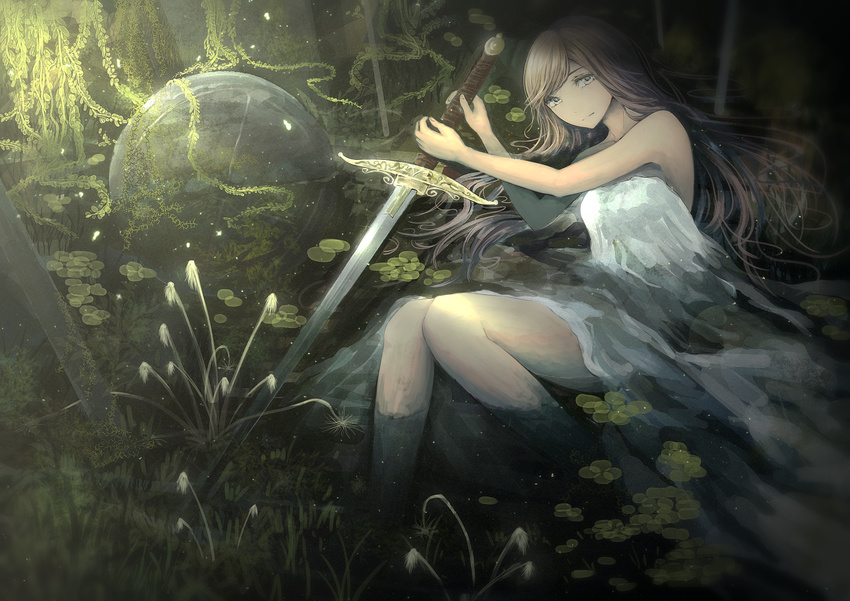 bare_arms blonde_hair dress expressionless fantasy highres in_water leaning_over lily_pad long_hair looking_at_viewer original partially_submerged plant planted_weapon silver_eyes sitting_on_rock solo sphere strapless strapless_dress swamp sword vines weapon yamada_tokihiko