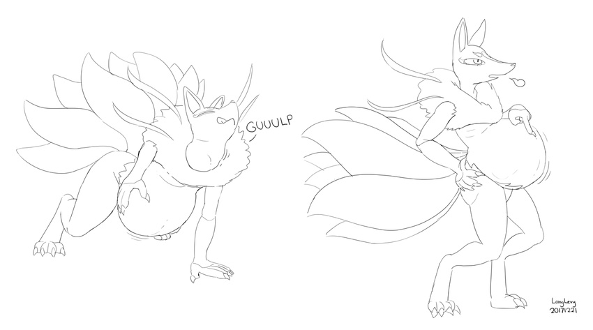 2017 all_fours anthro ass_up belly big_belly canine chest_tuft digital_media_(artwork) fox kyubi_(yo-kai_watch) line_art longlevy mammal mane monochrome multiple_scenes nude oral_vore raised_tail simple_background sketch solo standing tongue tongue_out tuft video_games vore white_background yo-kai_watch