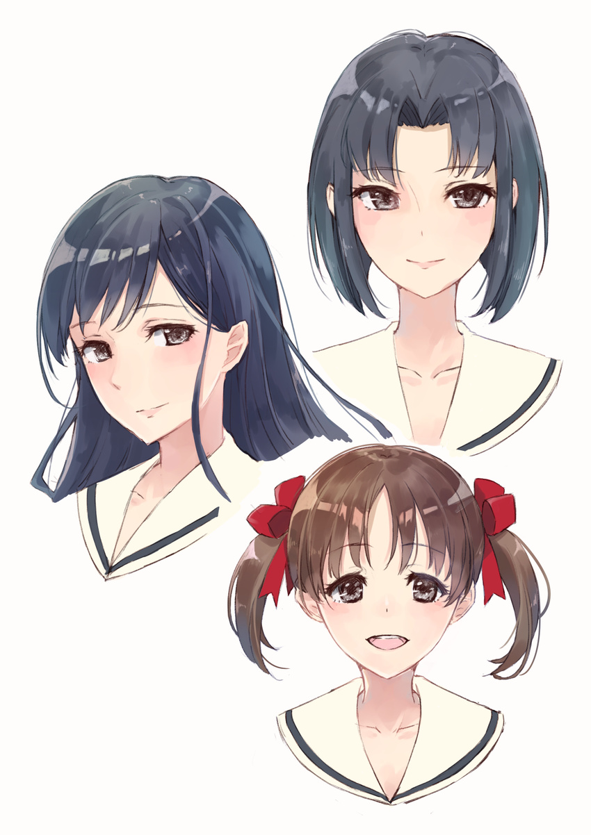 :d bangs black_eyes black_hair bow brown_eyes brown_hair closed_mouth eyebrows_visible_through_hair fukuzawa_yumi hair_bow highres kobuta long_hair looking_at_viewer maria-sama_ga_miteru mizuno_youko multiple_girls ogasawara_sachiko open_mouth parted_bangs red_bow sailor_collar school_uniform serafuku short_hair simple_background smile white_background white_sailor_collar