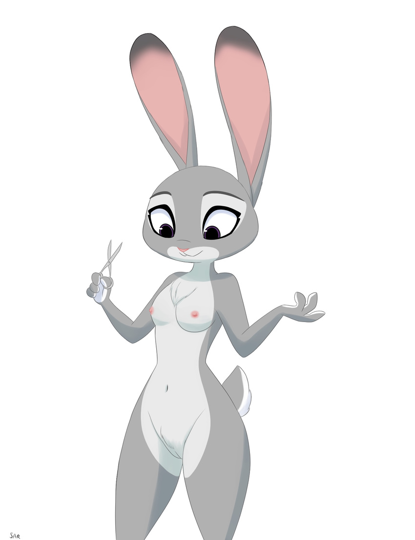 2017 anthro barely_visible_genitalia breasts chest_tuft dipstick_ears disney female flat_chested holding_object judy_hopps lagomorph looking_down mammal navel nipples nude pubes purple_eyes pussy rabbit scissors signature simple_background skeletonguys-and-ragdolls small_breasts solo standing subtle_pussy tuft white_background zootopia