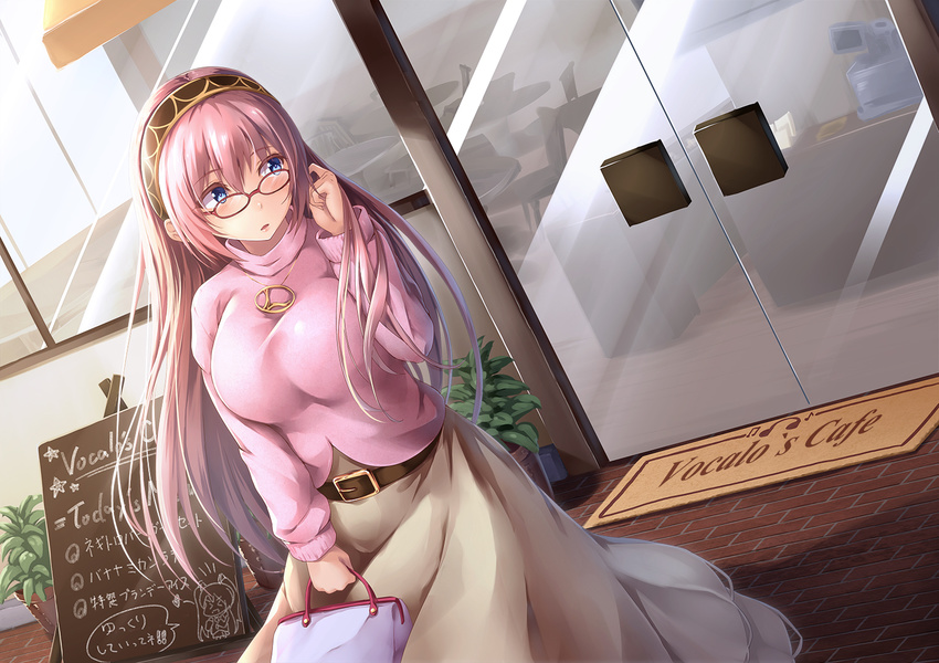 bag beige_skirt belt bespectacled bit_(keikou_syrup) blue_eyes breasts casual glasses hairband jewelry large_breasts long_hair long_sleeves looking_to_the_side megurine_luka necklace outdoors pink_hair pink_sweater project_diva_(series) project_diva_f red-framed_eyewear solo sweater turtleneck turtleneck_sweater vocaloid