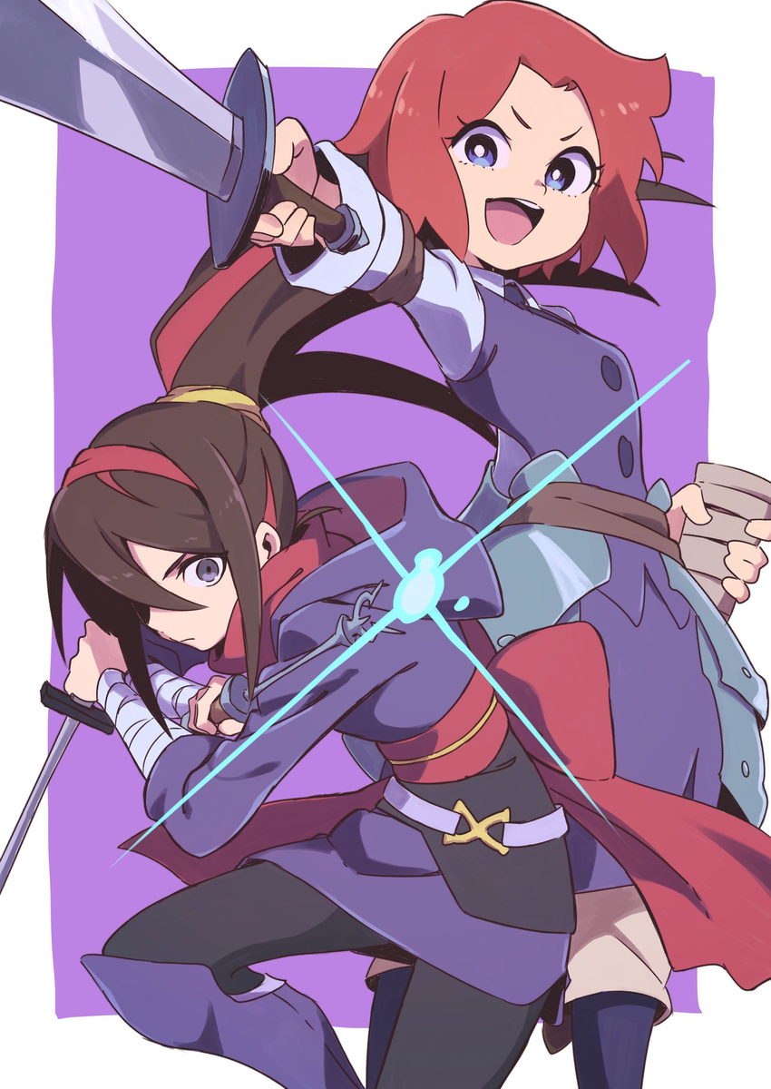 :d bandaged_arm bandages black_legwear blouse blue_eyes boots brown_hair character_request commentary dagger dual_wielding hair_over_one_eye highres holding holding_dagger holding_weapon hood hood_down knee_boots little_witch_academia long_hair long_sleeves looking_at_viewer luna_nova_school_uniform magic multiple_girls obi open_mouth pantyhose ponytail purple_background purple_eyes purple_footwear purple_skirt purple_vest red_hair reverse_grip robe sash scabbard school_uniform sheath short_hair simple_background skirt smile standing standing_on_one_leg tama_(tama-s) v-shaped_eyebrows vest wand weapon wide-eyed