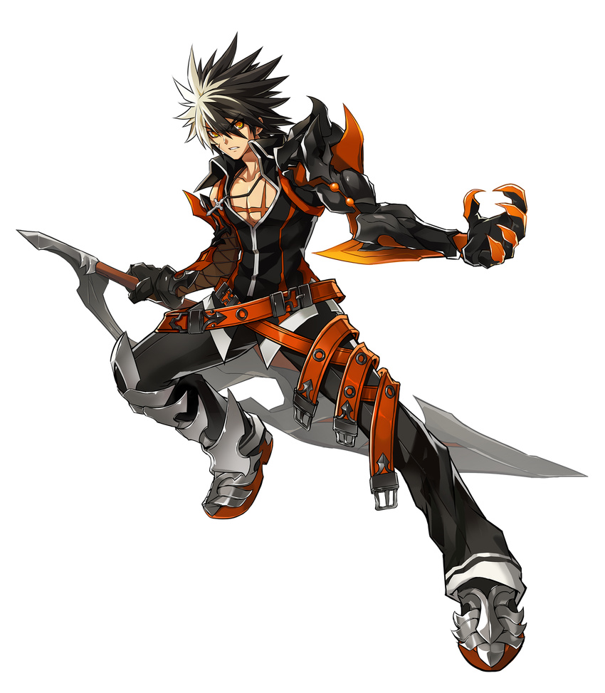 artist_request belt black_gloves black_hair black_pants black_shirt claws cross cross_necklace elsword full_body gloves highres holding holding_sword holding_weapon jewelry looking_at_viewer male_focus mechanical_arm multicolored_hair necklace official_art orange_eyes pants raven_(elsword) reckless_fist_(elsword) reverse_grip scar shirt shoes solo spiked_hair sword transparent_background two-tone_hair weapon white_hair