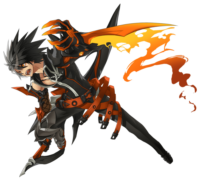 angry belt black_hair black_pants black_shirt claws elsword fighting_stance full_body gloves highres holding holding_sword holding_weapon jewelry male_focus mechanical_arm necklace official_art open_mouth orange_eyes pants raven_(elsword) reckless_fist_(elsword) ress reverse_grip shirt solo spiked_hair sword teeth transparent_background weapon