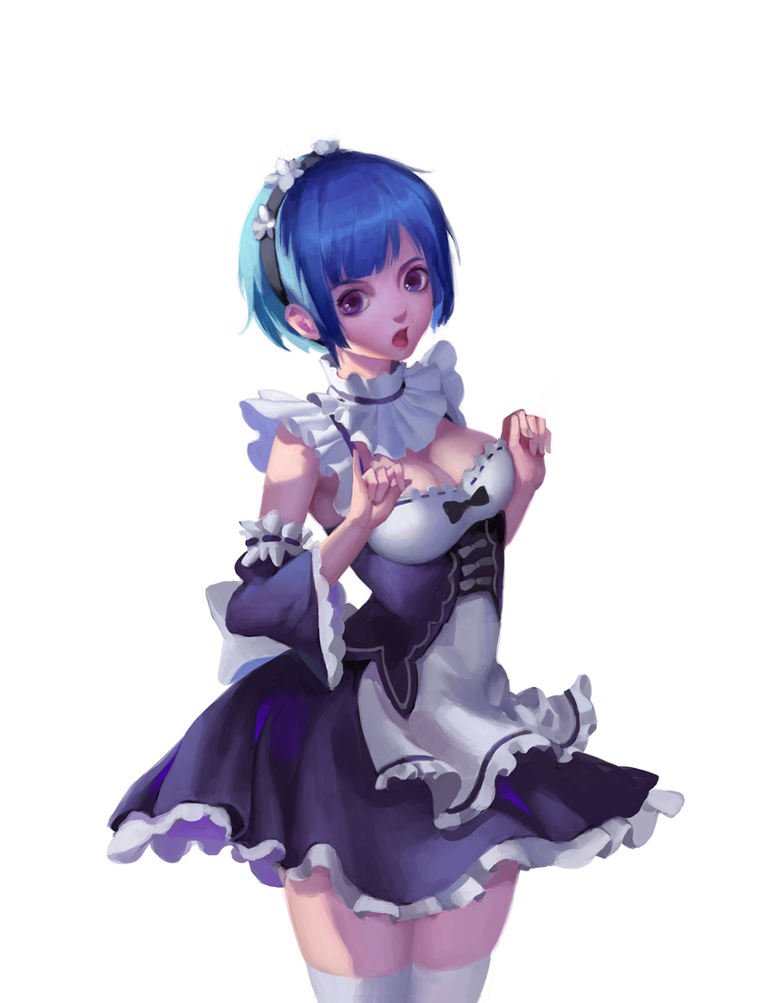 absurdres apron arms_up bangs black_bow black_dress black_hairband black_sleeves blue_hair bow breasts cleavage collar commentary detached_collar detached_sleeves dress frilled_apron frilled_collar frilled_dress frilled_sleeves frills hairband highres lace-trimmed_sleeves large_breasts legs_together looking_at_viewer maid maid_headdress md5_mismatch open_mouth parted_lips purple_eyes re:zero_kara_hajimeru_isekai_seikatsu rem_(re:zero) ribbon-trimmed_clothes ribbon_trim shiny shiny_hair short_hair simple_background solo standing thighhighs thighs underbust white_apron white_background white_collar white_legwear y_xun zettai_ryouiki