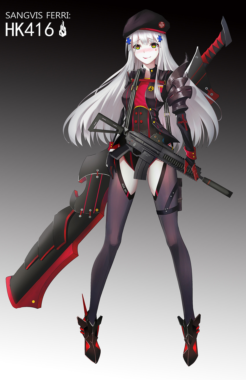 :p alternate_costume ammunition_pouch ankle_boots arm_guards assault_rifle asymmetrical_gloves bangs belt beret black_bodysuit black_gloves black_hat black_legwear blunt_bangs blush bodysuit boots breasts buckle character_name collared_jacket commentary corruption eyebrows_visible_through_hair floating_hair girls_frontline gloves gradient gradient_background green_eyes gun hair_ornament hairclip hat heart heart-shaped_pupils heckler_&amp;_koch highres hk416 hk416_(girls_frontline) iron_cross jacket long_hair looking_at_viewer magazine_(weapon) makeup medium_breasts open_clothes open_jacket partial_bodysuit plaid plaid_skirt pouch reflex_sight rifle sangvis_ferri screw sheath sheathed sight silver_hair skirt sleeve_cuffs smile solo standing strap suppressor sword symbol-shaped_pupils teardrop thigh_strap thighhighs thighs tongue tongue_out weapon weapon_on_back yandere zqzqy