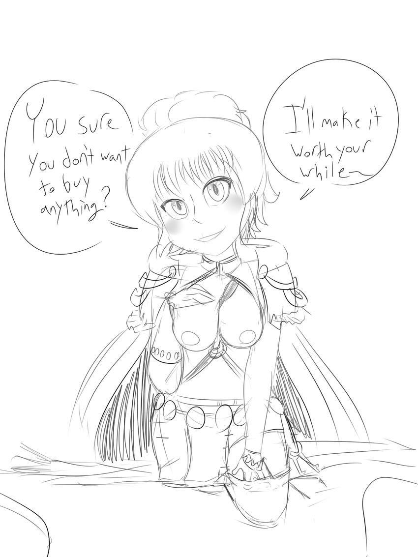 1girl anna_(fire_emblem) blush breasts english female fire_emblem greyscale hand_on_own_chest hand_up long_hair looking_at_viewer medium_breasts monochrome nipples ponytail redimplight simple_background sketch skirt smile solo speech_bubble talking text tied_hair white_background