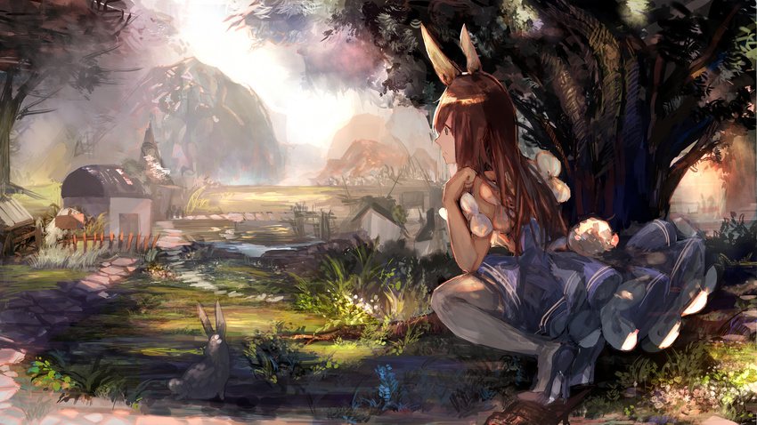 animal brown_hair building bunny bunny_ears bunnygirl dress flowers gray_eyes landscape long_hair scenic tagme_(artist) tagme_(character) tail tree water