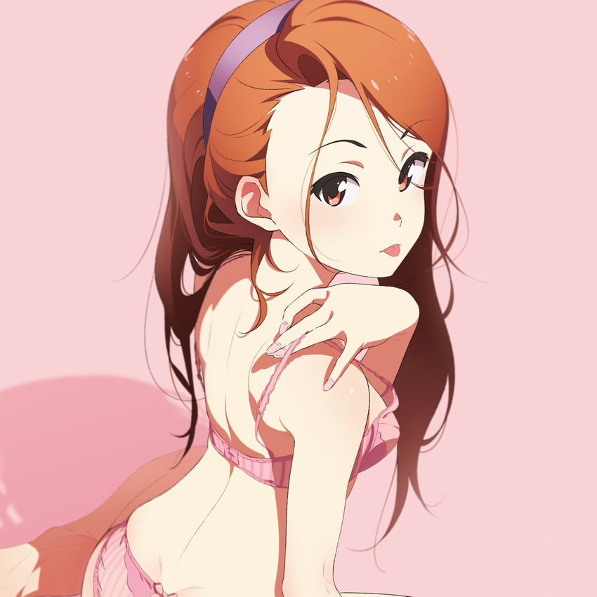 :p back bare_shoulders blush bra brown_eyes brown_hair closed_mouth commentary_request eyebrows_visible_through_hair fingernails from_behind fukushi_ryouhei hairband highres idolmaster idolmaster_(classic) long_hair looking_at_viewer looking_back minase_iori nail_polish panties pink_background pink_bra pink_nails pink_panties simple_background sitting solo tongue tongue_out underwear underwear_only