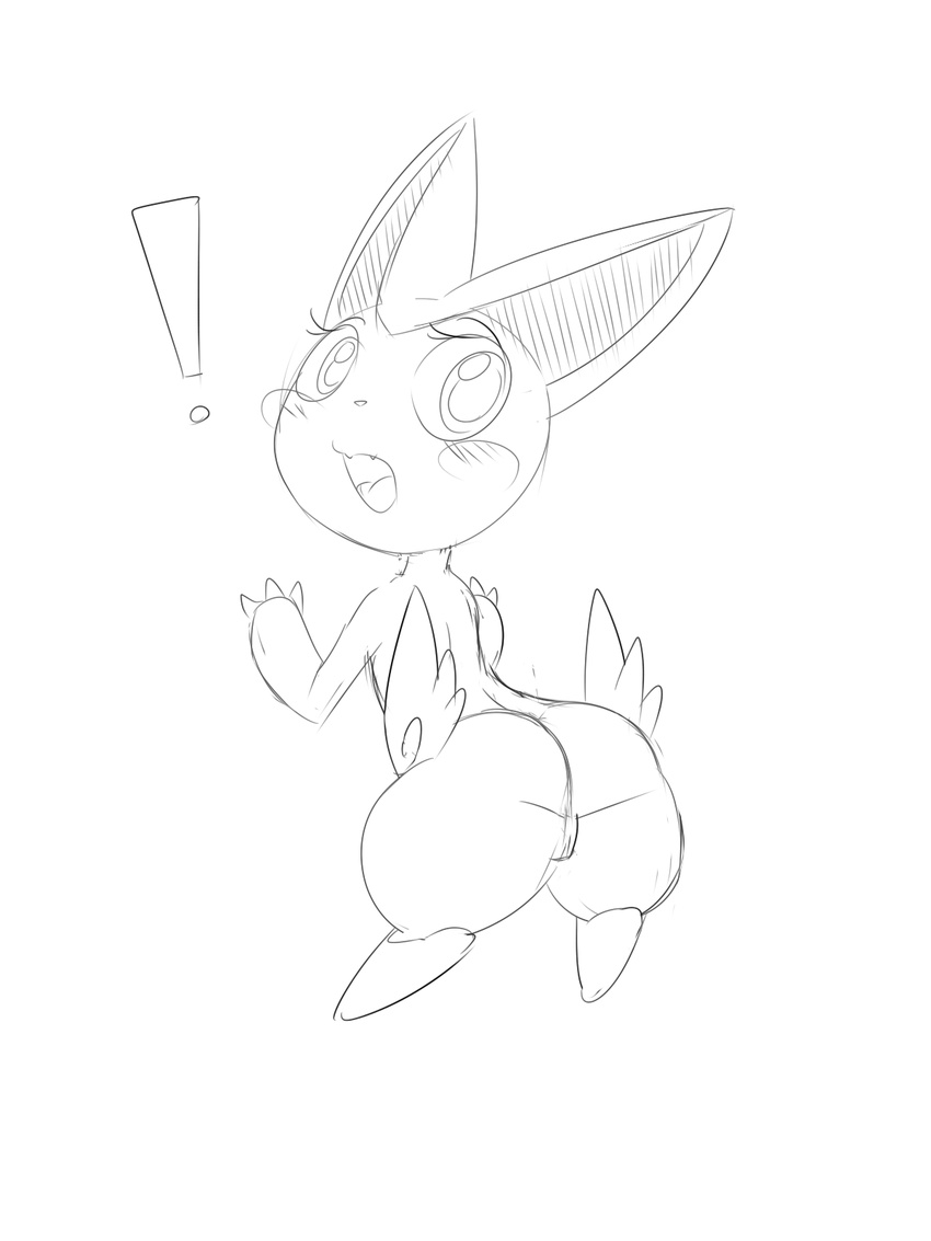 ! 1girl animal_ears ass blush blush_stickers claws female from_behind full_body furry greyscale hands_up looking_at_viewer looking_back monochrome no_humans open_mouth pokemon pokemon_(creature) pokemon_bw pussy redimplight simple_background sketch solo surprised uncensored victini white_background