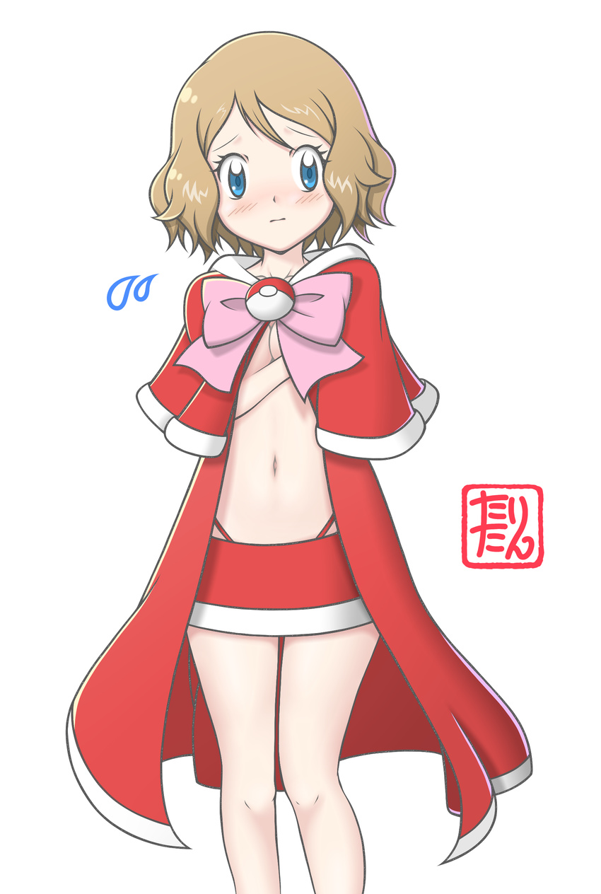 absurdres blue_eyes blush bow bowtie breasts brown_hair cape capelet cleavage collarbone fur_trim hair_between_eyes highleg highleg_panties highres looking_away miniskirt panties panty_straps pink_bow poke_ball_symbol pokemon pokemon_(anime) pokemon_xy_(anime) red_cape red_capelet red_panties red_skirt serena_(pokemon) short_hair simple_background skirt small_breasts solo standing tax2rin underwear white_background