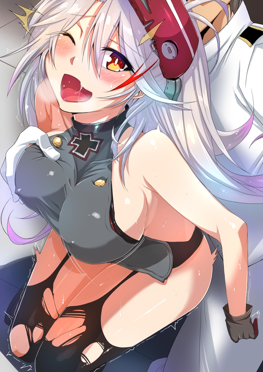 1boy 1girl ;d azur_lane bare_shoulders black_legwear blush breast_grab breasts commander_(azur_lane) fang gloves grabbing grey_gloves hetero highres implied_sex iron_cross kuro_(1968) long_hair medium_breasts one_eye_closed open_mouth orange_eyes prinz_eugen_(azur_lane) saliva silver_hair smile thighhighs