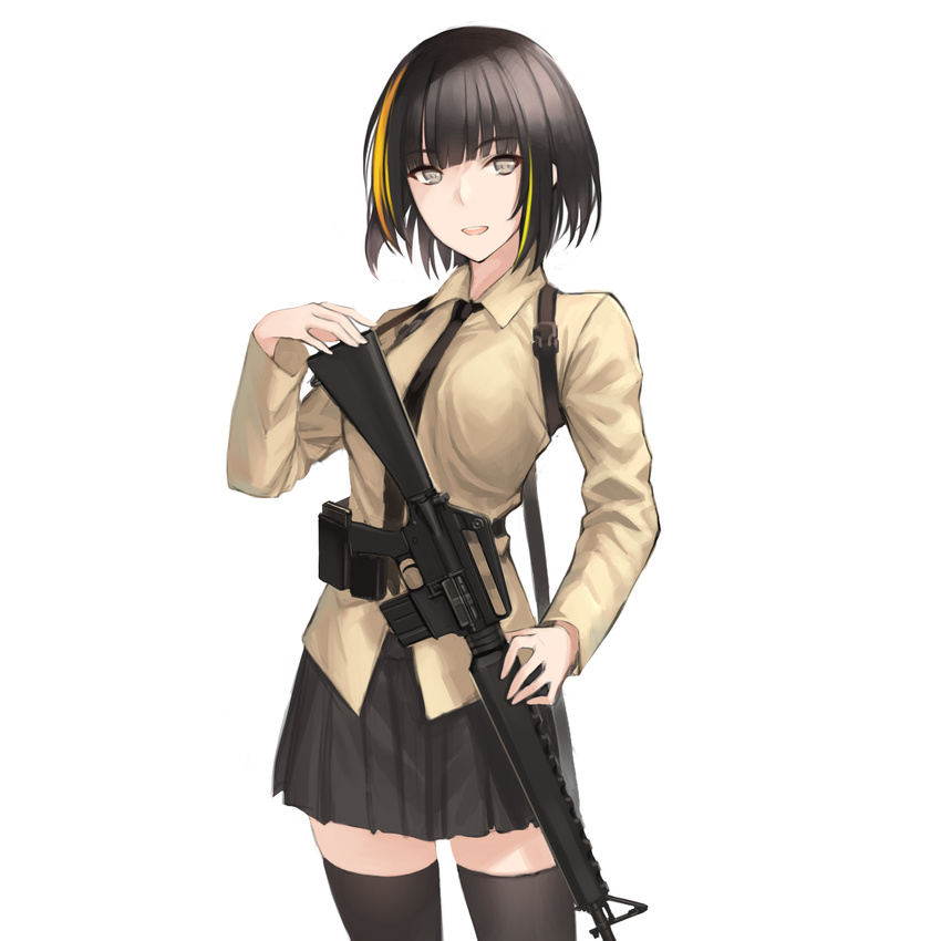 alternate_hair_length alternate_hairstyle ammunition_pouch assault_rifle bangs beige_shirt belt black_hair black_legwear black_neckwear black_skirt blonde_hair blunt_bangs bob_cut brown_eyes brown_hair buckle collared_shirt commentary_request eyebrows_visible_through_hair girls_frontline gloves gun highres holding holding_gun holding_weapon long_sleeves looking_at_viewer m16a1 m16a1_(girls_frontline) magazine_(weapon) multicolored_hair necktie npt_(akzkfhsk0503) open_mouth pleated_skirt pouch rifle shirt short_hair simple_background skirt smile solo strap streaked_hair thighhighs weapon white_background