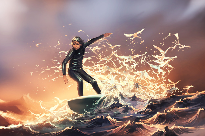 ambiguous_gender avian bird black_hair child detailed_background feathers feral hair human male mammal nature outside sunrise surfing teenager water wave wetsuit white_feathers young