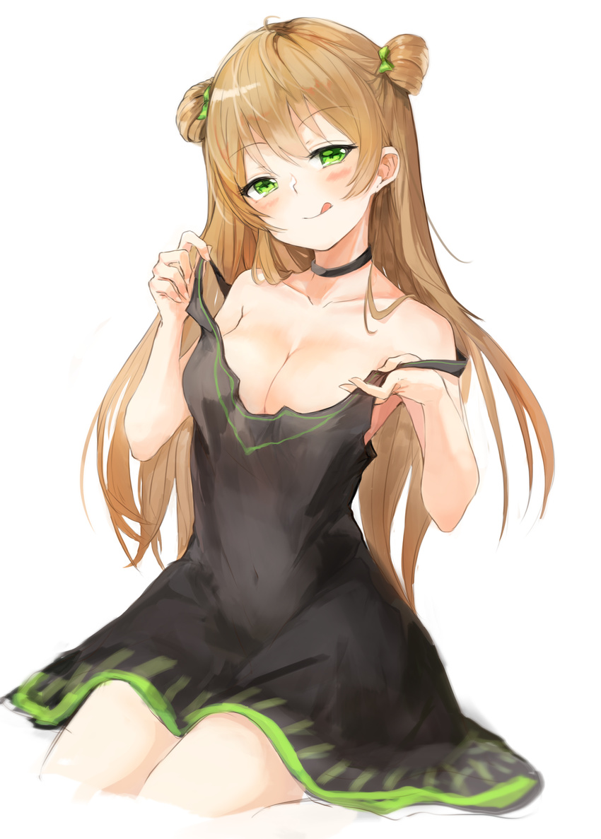 :q absurdres ahoge bangs black_choker black_dress blush bow breasts broche_(timpet) brown_hair choker cleavage collarbone commentary double_bun dress eyebrows_visible_through_hair eyes_visible_through_hair girls_frontline gloves green_eyes hair_bow half-closed_eyes head_tilt highres long_hair looking_at_viewer medium_breasts naughty_face off_shoulder rfb_(girls_frontline) seductive_smile sidelocks simple_background sitting smile solo tongue tongue_out undressing white_background