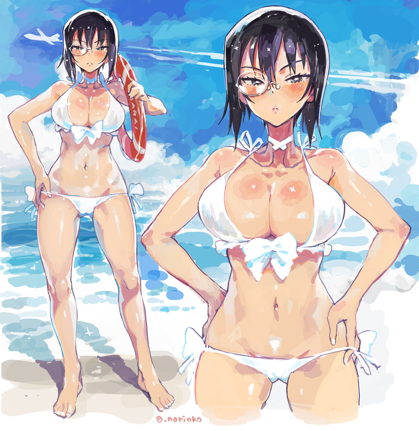 aircraft airplane barefoot beach bikini black_hair blue_eyes blush breasts choker cleavage closed_mouth condensation_trail cropped_legs day full_body girls_und_panzer hair_between_eyes hand_on_hip hands_on_hips highres innertube kawashima_momo large_breasts looking_at_viewer monocle multiple_views navel norinco outdoors sand shore short_hair side-tie_bikini signature standing swimsuit white_bikini