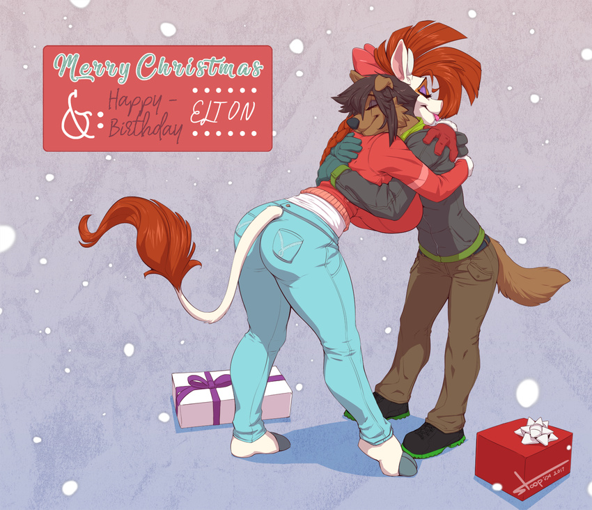 anthro big_breasts breasts brown_fur canine clother clothing dog female fur holidays hug huge_breasts jeans mammal pants stoopix