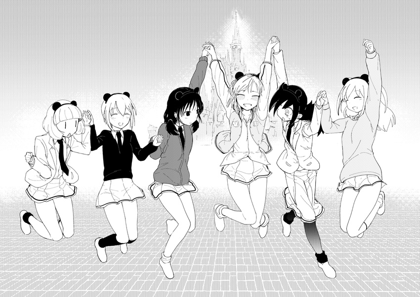 :d ^_^ animal_ears blazer blush cardigan castle closed_eyes coat commentary_request fake_animal_ears freckles greyscale grin hairband highres holding_hands jacket jumping kuroki_tomoko letterman_jacket monochrome multiple_girls necktie nemoto_hina open_blazer open_clothes open_jacket open_mouth pantyhose satou_takumi school_uniform shirt skirt smile socks sweater tamura_yuri tanaka_mako uchi_emiri untucked_shirt watashi_ga_motenai_no_wa_dou_kangaetemo_omaera_ga_warui! yoshida_masaki |_|