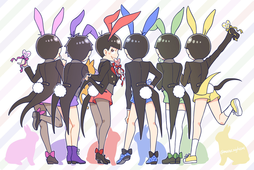 animal_ears black_legwear bow brothers brown_eyes brown_hair bunny bunny_boy bunny_ears bunny_tail candy cat esper_nyanko fake_animal_ears food from_behind grin kneehighs legwear_under_shorts lollipop looking_back male_focus matsuno_choromatsu matsuno_ichimatsu matsuno_juushimatsu matsuno_karamatsu matsuno_osomatsu matsuno_todomatsu multiple_boys nightcat osomatsu-kun osomatsu-san pantyhose pantyhose_under_shorts sextuplets shorts siblings smile standing standing_on_one_leg tail tailcoat thighhighs white_legwear